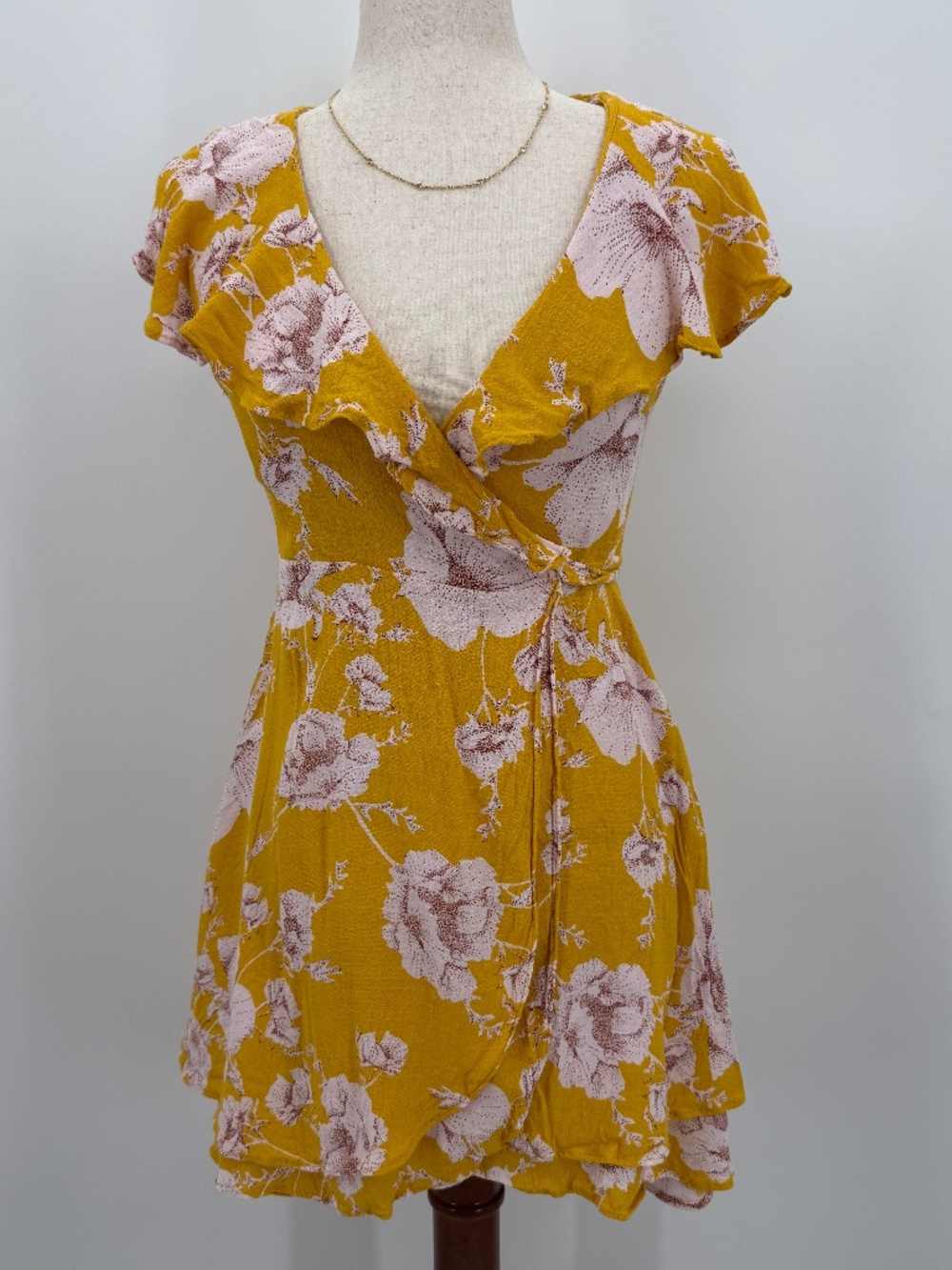 Free People French Quarter Wrap Mini Dress Yellow Floral Ruffle Flutter Women XS